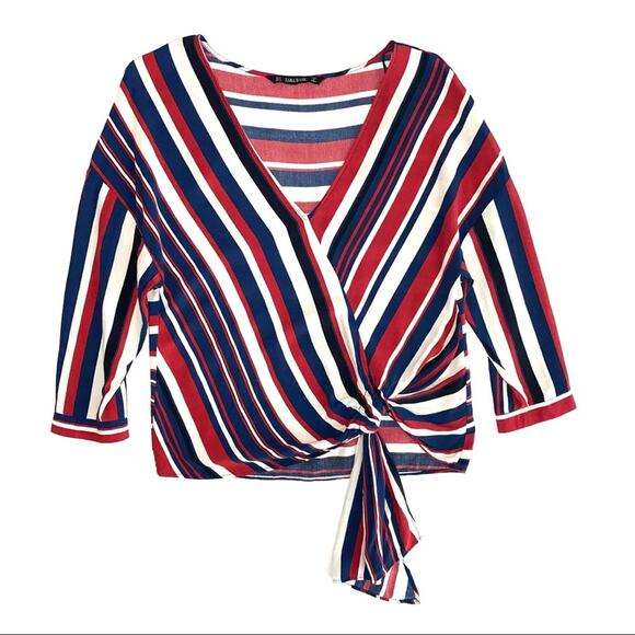 Zara Nautical Red White Blue Striped Drape Tie Waist V-Neck Top Size Small - Picture 3 of 12